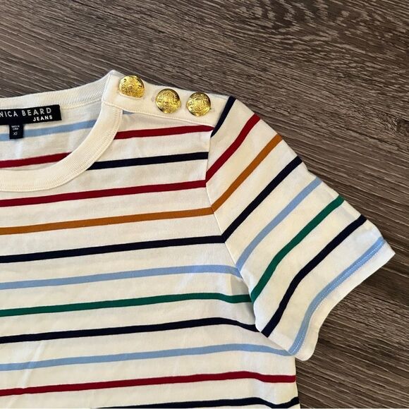 Veronica Beard Simpson Striped Button-Shoulder Cotton Tee - Picture 2 of 6